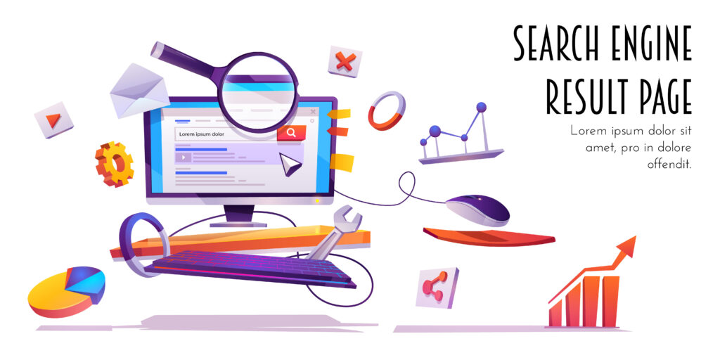 Home search engine result page, serp cartoon banner.