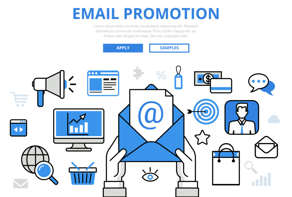 Home email promotion digital marketing online promo concept flat line art vector icons. modern website infographics illustration hero image web banner printed material. creative lineart collection.