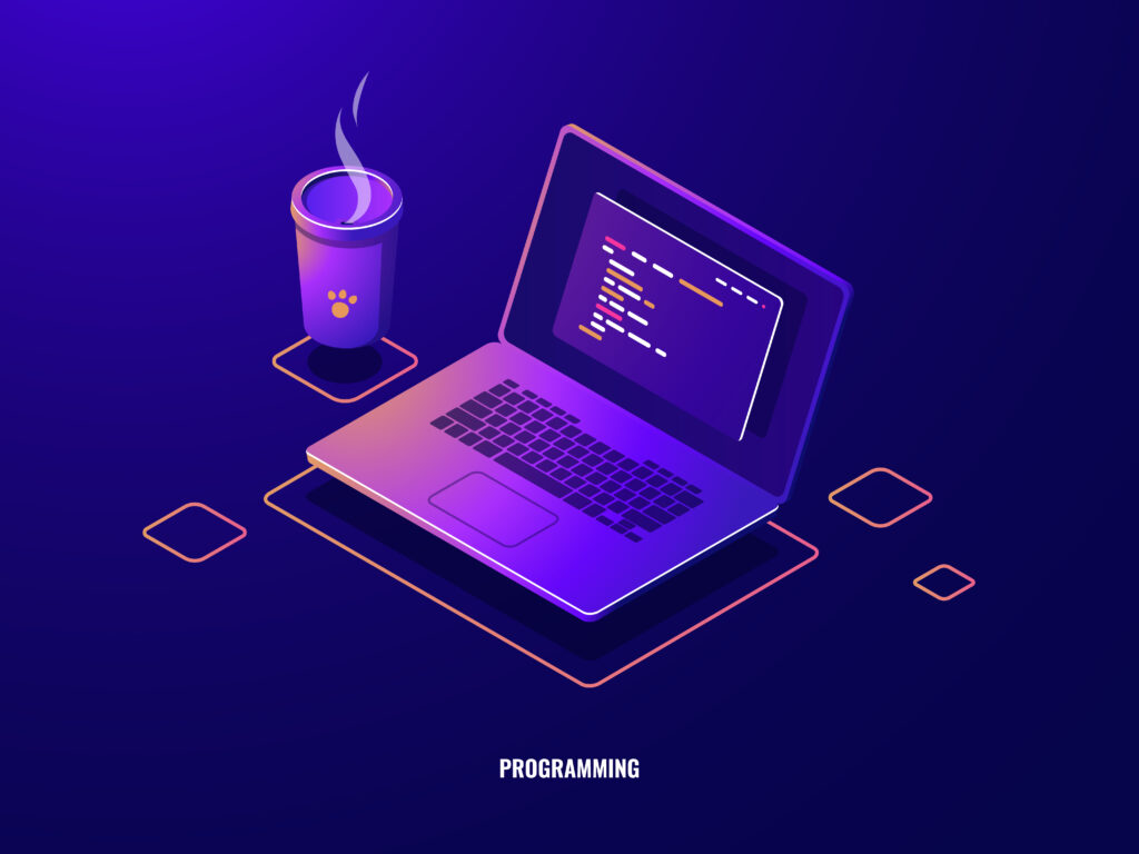 Home laptop with program code isometric icon, software development and programming applications dark neon
